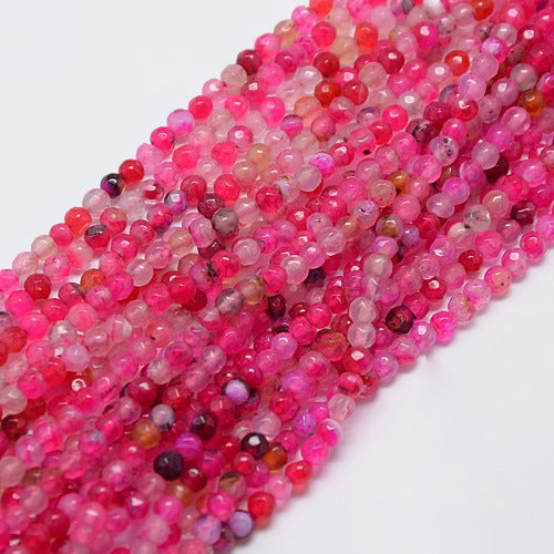 Natural Agate Round Beads Strand, Dyed, Faceted, Hot Pink Size: about 4mm in diameter