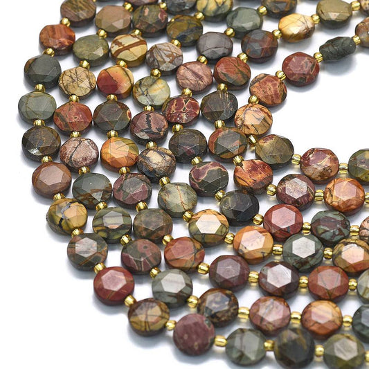 Picasso Jasper / Polychrome Jasper Beads – Faceted Hexagonal Flat Round 10–10.5x6mm (31–32pcs/Strand) The Pink Bead Shop