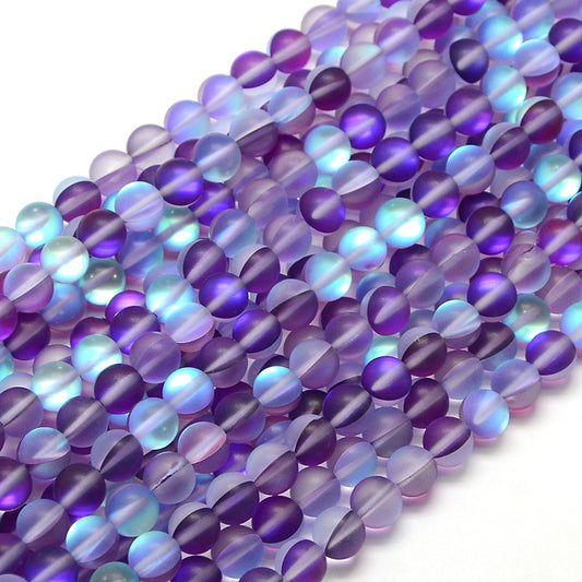 Mermaid Glass Holographic Beads, Half AB Color Plated, Frosted, Round, Blue Violet 8mm