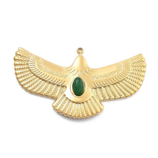 Natural Jade Pendants, PVD Vacuum Plating 304 Stainless Steel Eagle Charms, Real 18K Gold Plated,