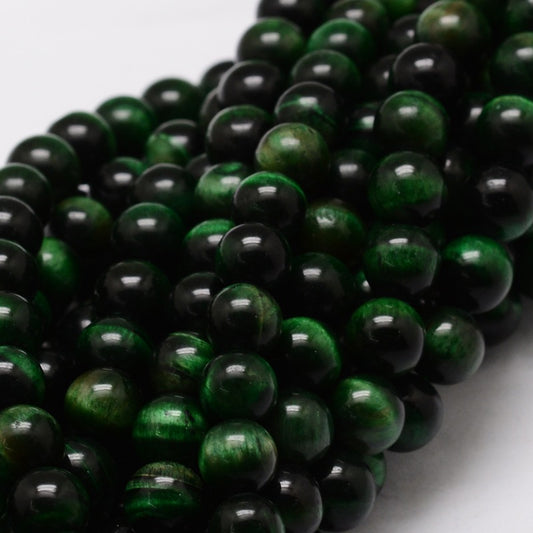 Natural Tiger Eye Round Beads Strands, Dyed & Heated, Green 8mm