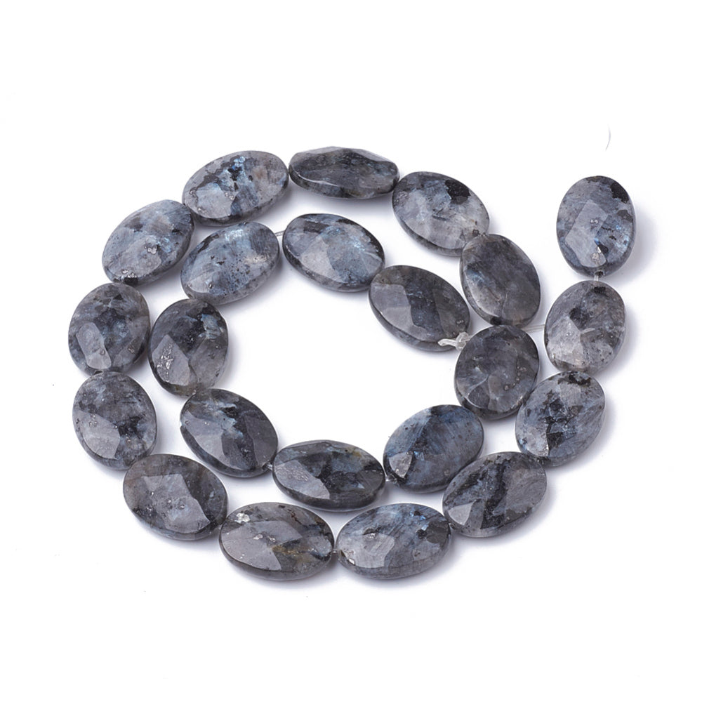 Natural Labradorite Beads Strands, Faceted, Oval, Size: about 18~18.5mm long, 13~13.5mm wide, 5mm thick