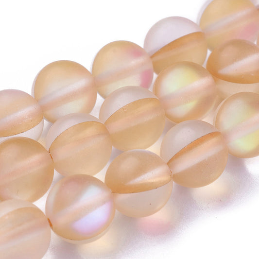 Mermaid Glass; Holographic Beads, Half AB Color Plated, Frosted, Round, Peach 8mm