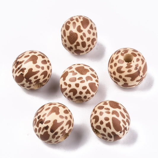 Printed Natural Wooden Beads, Macrame Beads Large Hole, Round with Leopard Print Pattern, Peru