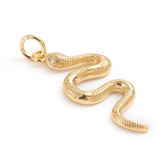 Brass Micro Pave Cubic Zirconia Snake Pendants, with Jump Ring, Clear, Real 18K Gold Plated