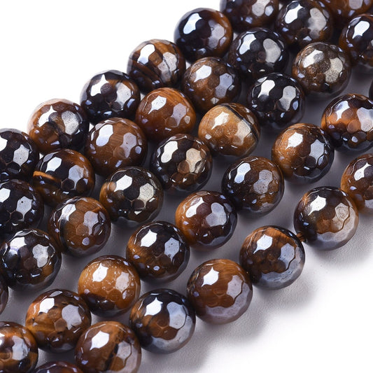 Electroplated Natural Tiger Eye Beads Strands, Faceted, Round,  8mm