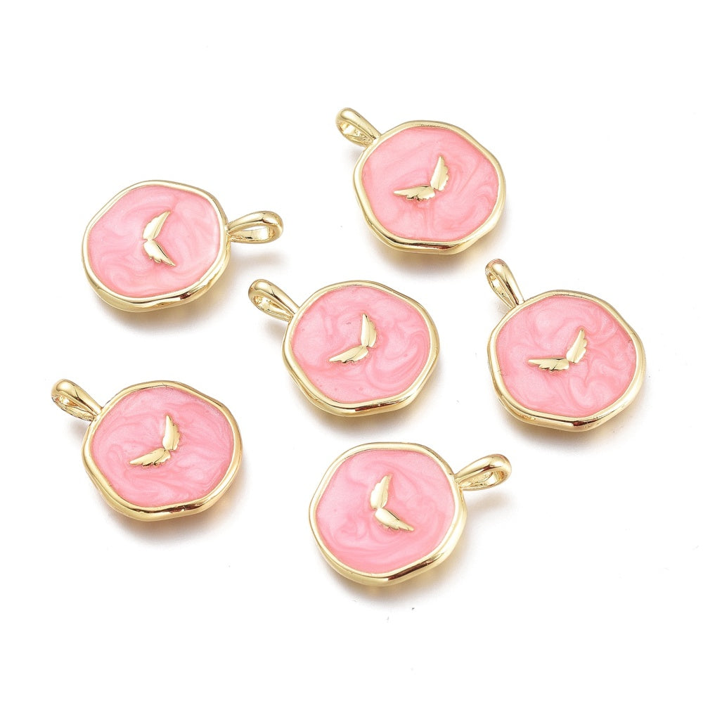 Brass Enamel Pendants, Flat Round with Wing Pattern, Golden, Pink