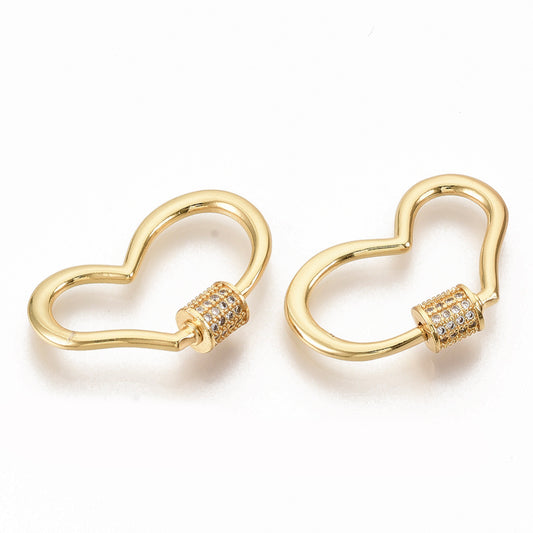 Brass Micro Pave Clear Cubic Zirconia Screw Carabiner Lock Charms, for Heart, Real 16K Gold Plated