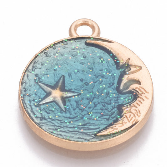Alloy Enamel Charms Flat round with Moon and Star 2 pack
