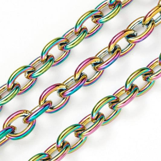 Ion Plating(IP) 304 Stainless Steel Cable Chains, Unwelded, with Spool, Rainbow Color Sold by the meter