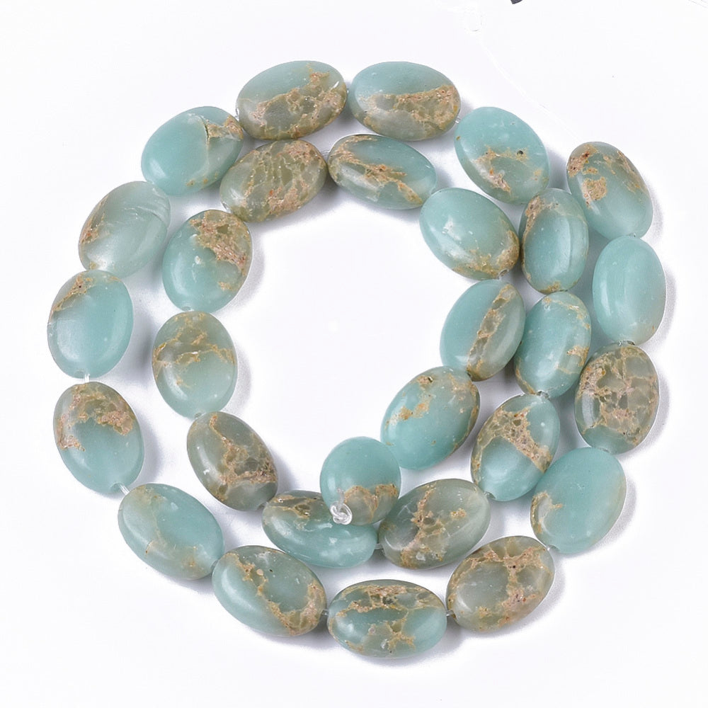 Natural Aqua Terra Jasper Beads Strands, Oval Size: about 14mm long, 10mm wide, 5.5mm thick