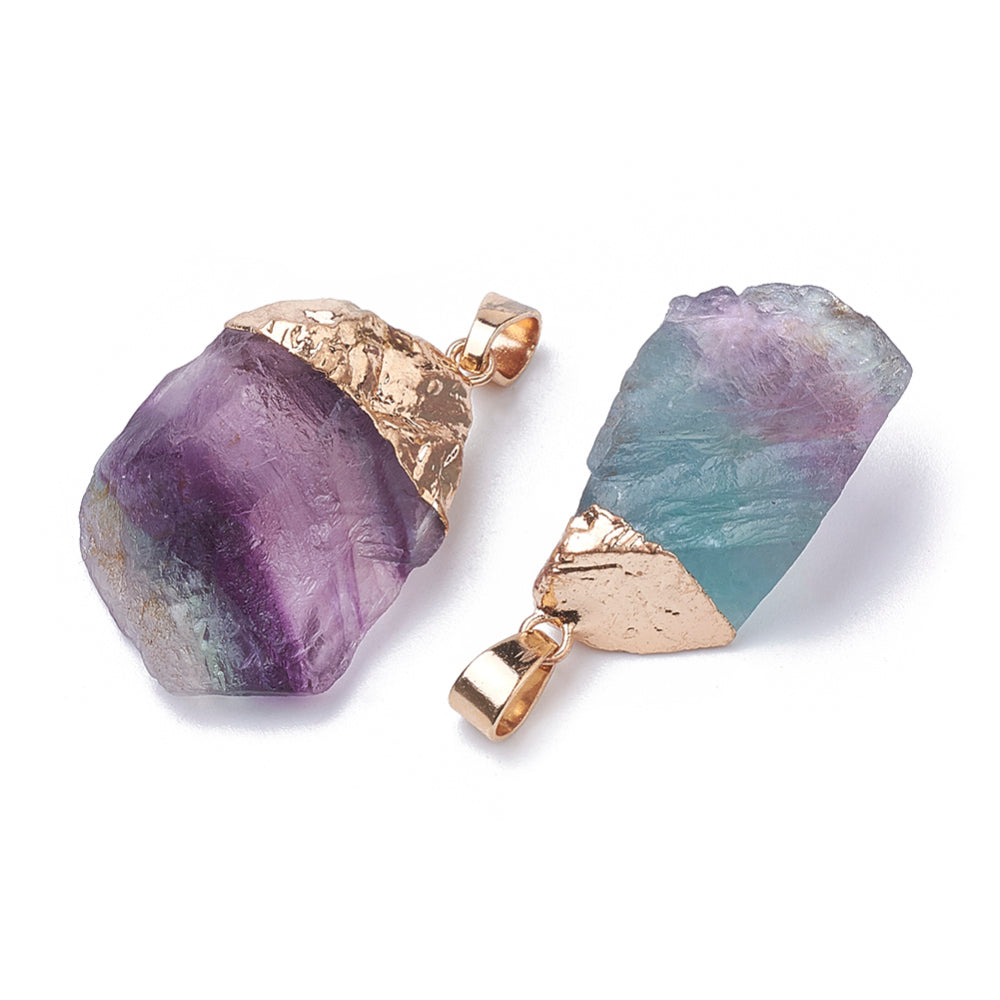 Natural Fluorite Pendants, with Iron Findings, Plated Gold, Nuggets