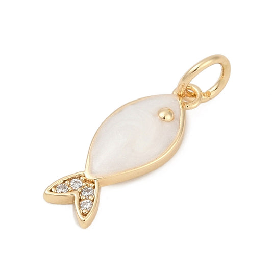 Brass Micro Pave Cubic Zirconia and Enamel Pendants, Fish, with Jump Ring, Real 18K Gold Plated