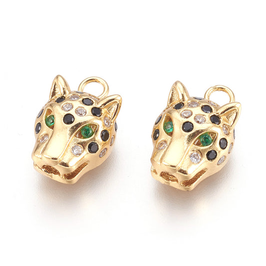 Brass Micro Pave Cubic Zirconia Pendants, Leopard Head, Golden