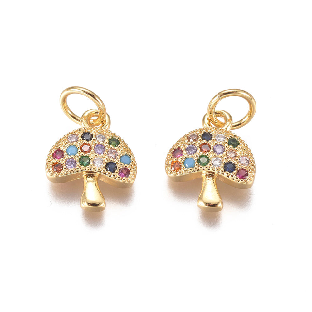 Brass Micro Pave Cubic Zirconia Mushroom Charms, with Jump Rings, Colorful, Platinum or Gold