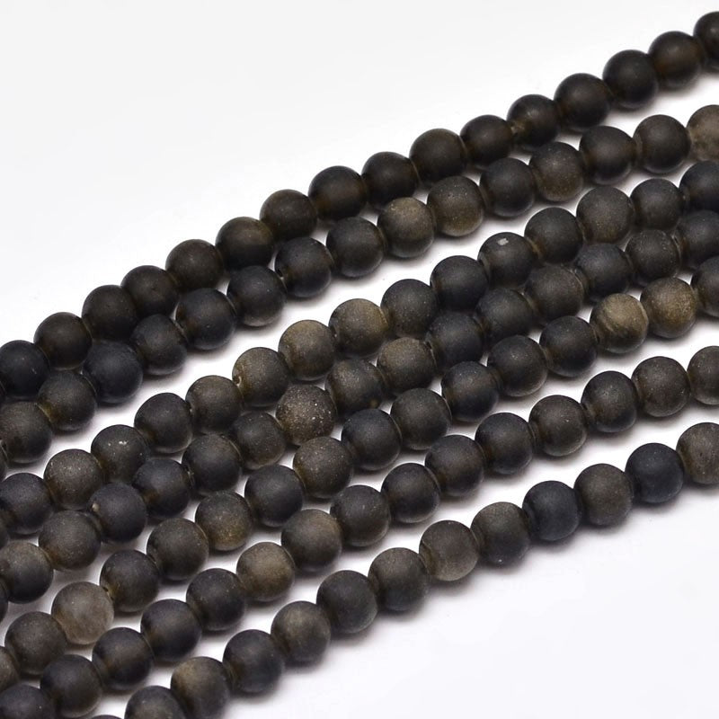 Frosted Natural Golden Sheen Obsidian Round Bead Strands Size: 4mm