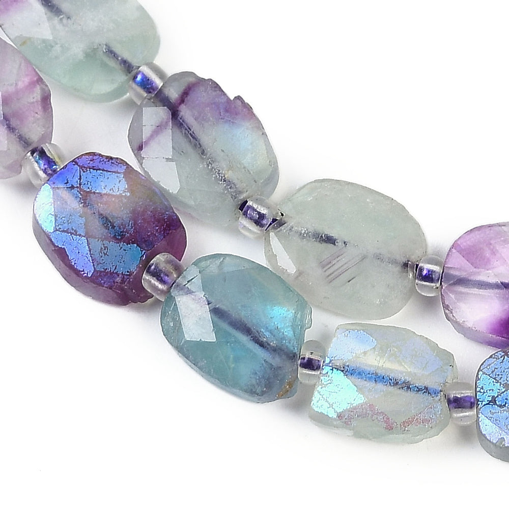 Electroplated Natural Colorful Fluorite Beads Strands, Faceted, Oval, Rainbow Plated