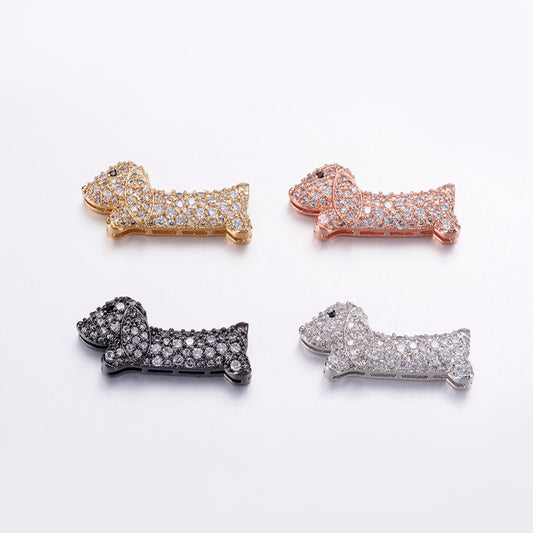 Brass Micro Pave Cubic Zirconia Puppy Pendants, Multi-strand Links connectors, Long-Lasting Plated, Sausage Dog/Dachshund, Mixed Color