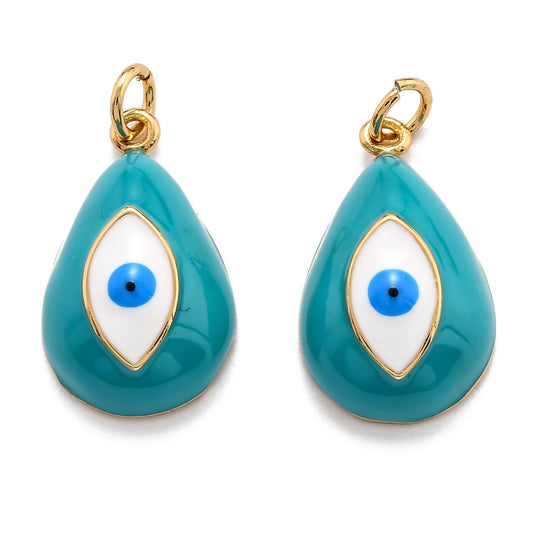 Brass Enamel Pendants, Real 18K Gold Plated, Long-Lasting Plated, Teardrop with Evil Eye, Dark Turquoise