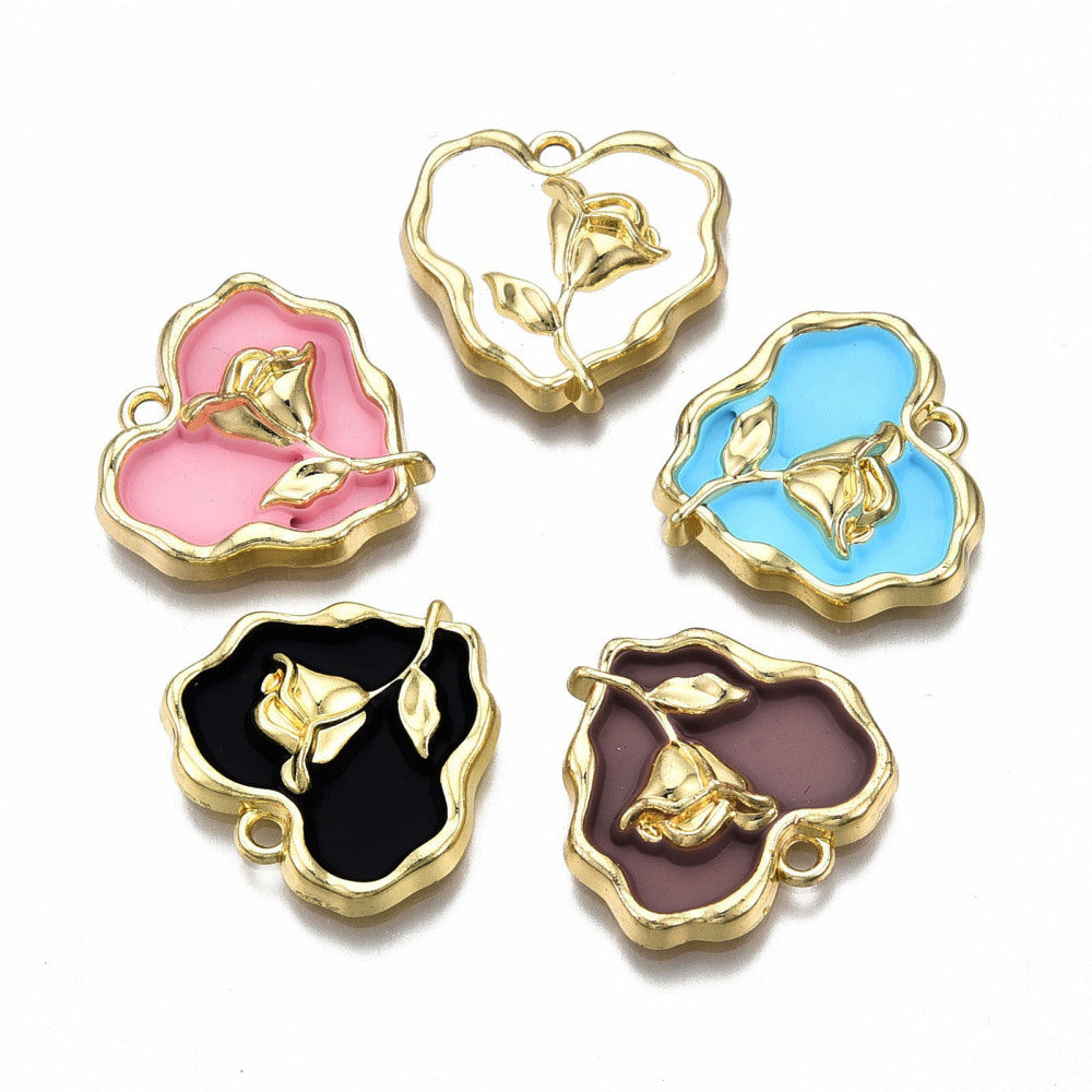 Alloy Enamel Pendants, Cadmium Free &; Lead Free, Light Gold, Heart with Rose, Mixed Color 5 Pack
