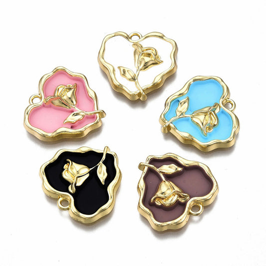 Alloy Enamel Pendants, Cadmium Free &; Lead Free, Light Gold, Heart with Rose, Mixed Color 5 Pack