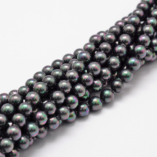 Shell Pearl Bead Strands, Rainbow Plated, Grade A, Round, Black 6MM