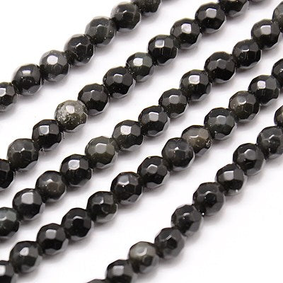 Natural Obsidian Beads Strands, Faceted, Round, Black Size: about 4mm