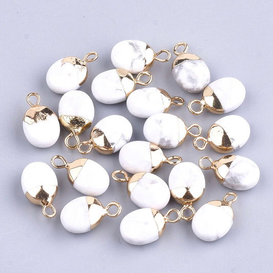 Electroplate Natural Howlite Charms, with Iron Findings, Faceted, Oval, Golden, 2 Pack