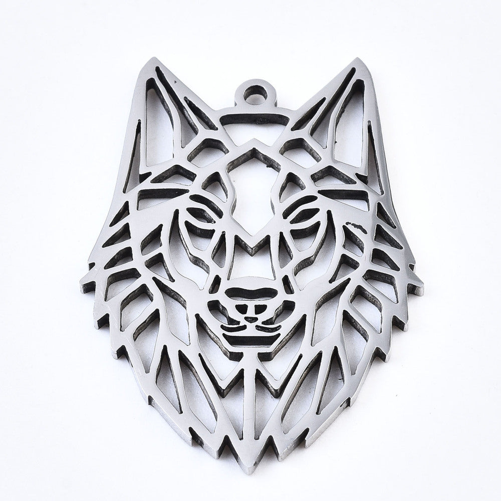 304 Stainless Steel Pendants, Laser Cut, Wolf, Stainless Steel