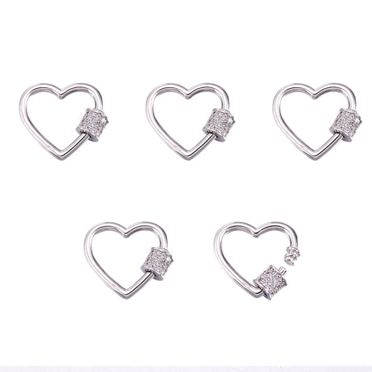 Brass Micro Pave Clear Cubic Zirconia Screw Carabiner Lock Charms, Heart, Golden and Silver Color