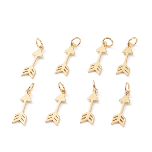 Brass Charms, with Jump Rings, Long-Lasting Plated, Arrow, Real 18K Gold Plated 2PK