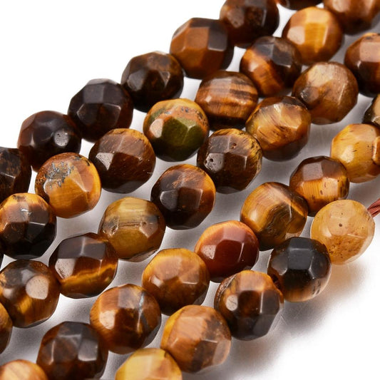 Faceted Grade A Natural Tiger Eye Round Bead Strands, Faceted, 4mm