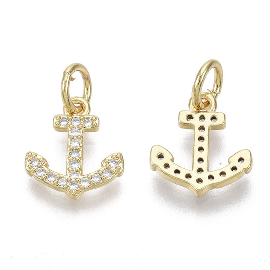 Brass Micro Pave Cubic Zirconia Anchor Charm, with Jump Ring, Real 18K Gold Plated