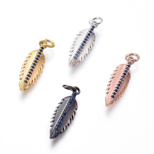 Brass Micro Pave Cubic Zirconia Pendants, with Jump Rings, Feather, Blue, Mixed Color