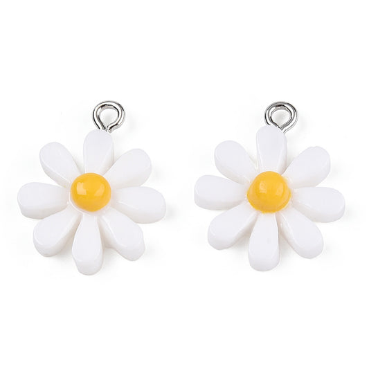 Opaque Resin Pendants, Daisy Flower Charms, White 4pk
