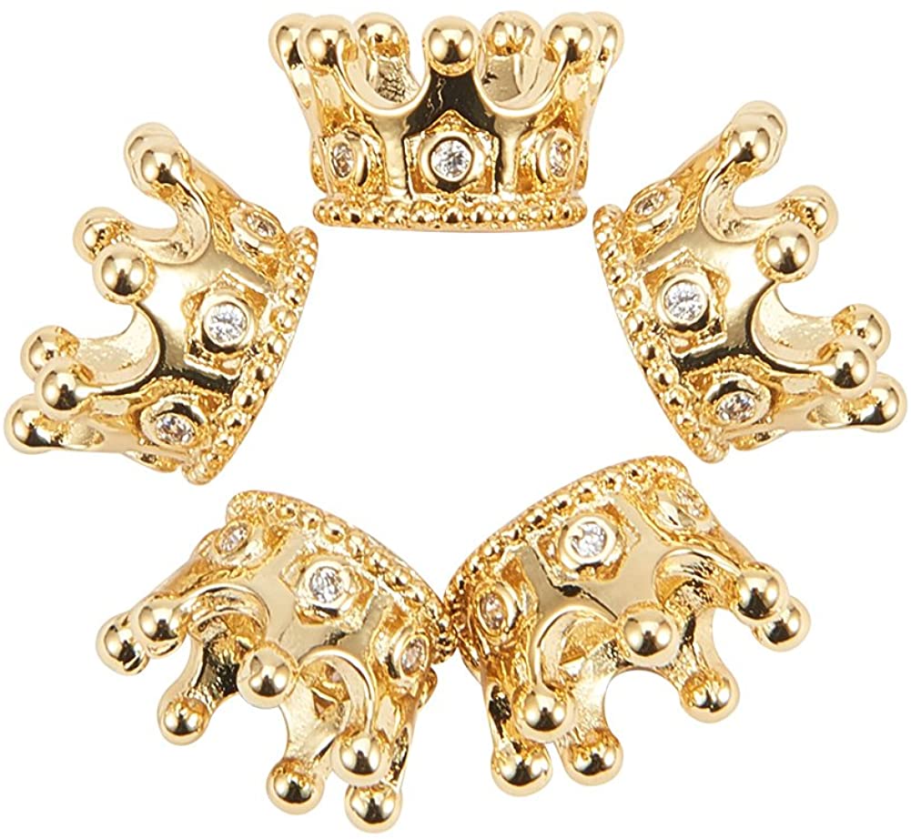 Rack Plating Brass Micro Pave Cubic Zirconia Beads, Large Hole Beads, Long-Lasting Plated, Crown, Clear, Golden