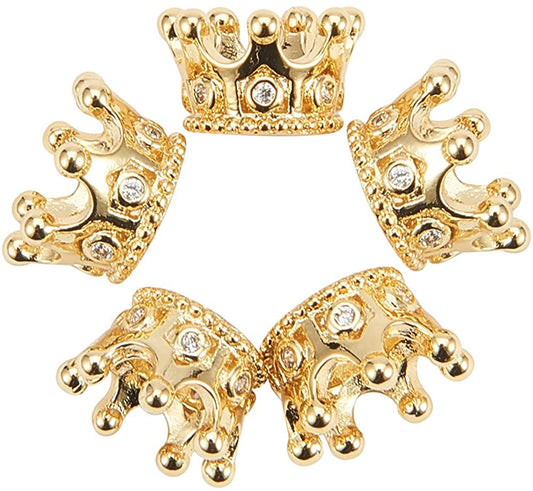 Rack Plating Brass Micro Pave Cubic Zirconia Beads, Large Hole Beads, Long-Lasting Plated, Crown, Clear, Golden
