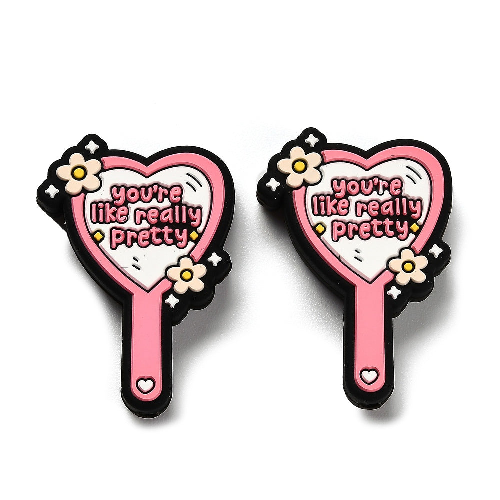 Heart Mirror Food Grade Eco-Friendly Silicone Focal Beads, Pink