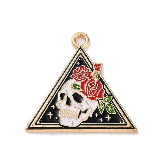 Alloy Enamel Pendants, Golden, Triangle with Skull 2pk