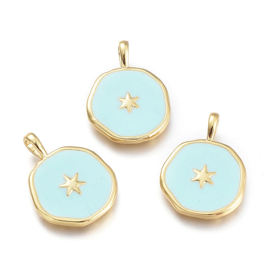 Brass Enamel Pendants, Flat Round with Star Pattern, Golden, Aquamarine