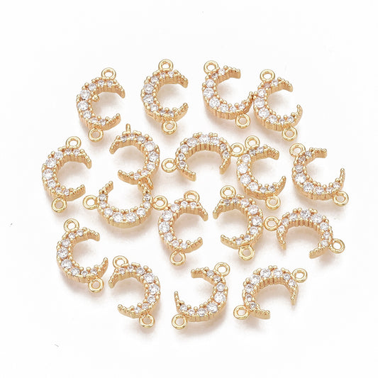 Brass Micro Pave Cubic Zirconia Links/Connectors, Nickel Free, Moon, Clear, Real 18K Gold 3 PackPlated Size: about 13~14mm