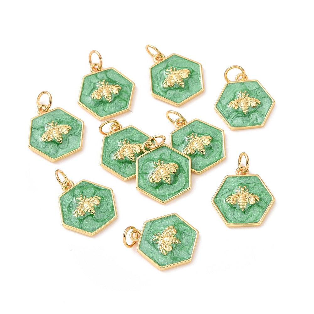 Rack Plating Brass Enamel Pendants, with Jump Ring, Cadmium Free; Nickel Free; Lead Free, Real 18K Gold Plated, Hexagon with Bee, Sea Green