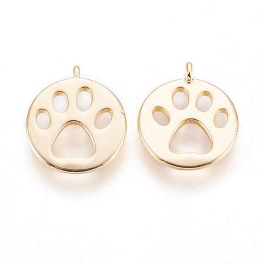 Brass Charms, Flat Round with Dog Paw Prints, Nickel Free, Real 18K Gold Plated