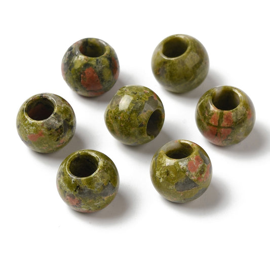 Natural Unakite Gemstone European Beads, Large Hole Beads, Rondell