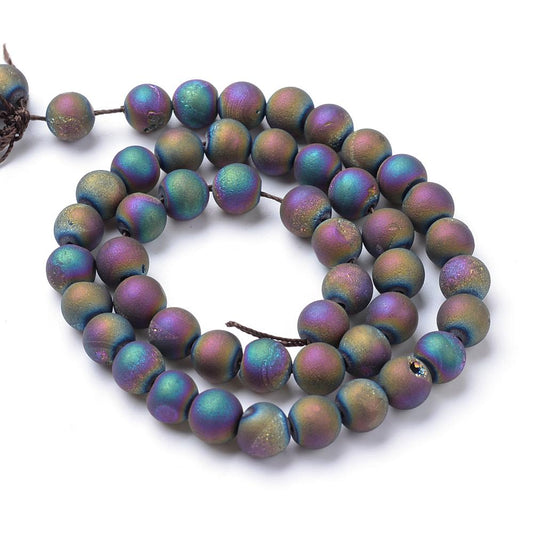 Electroplated Natural Druzy Geode Agate Bead Strands, Matte Style, Round, Multi-color Plated 8mm
