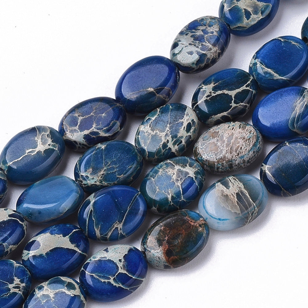 Natural Imperial Jasper Beads Strands, Dyed Blue, Oval,  Size: about 8mm long, 6mm wide, 3mm thick