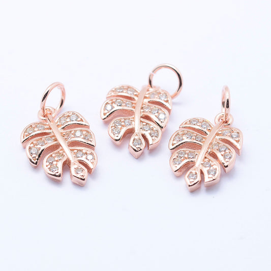 Brass Micro Pave Cubic Zirconia Charms, Tropical Leaf Charms, Monstera Leaf, Lead Free & Cadmium Free, asst colors