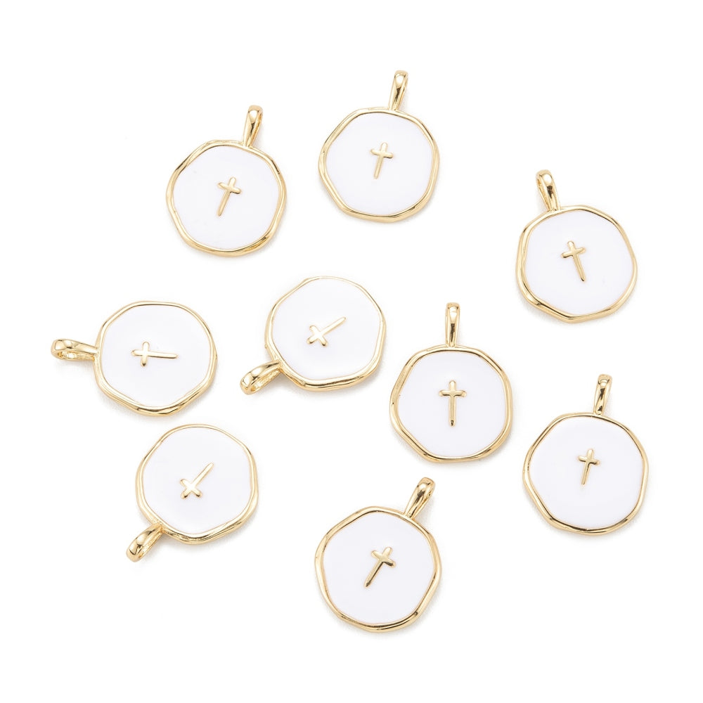 Brass Enamel Pendants, Long-Lasting Plated, Flat Round with Cross, White, Real 18K Gold Plated