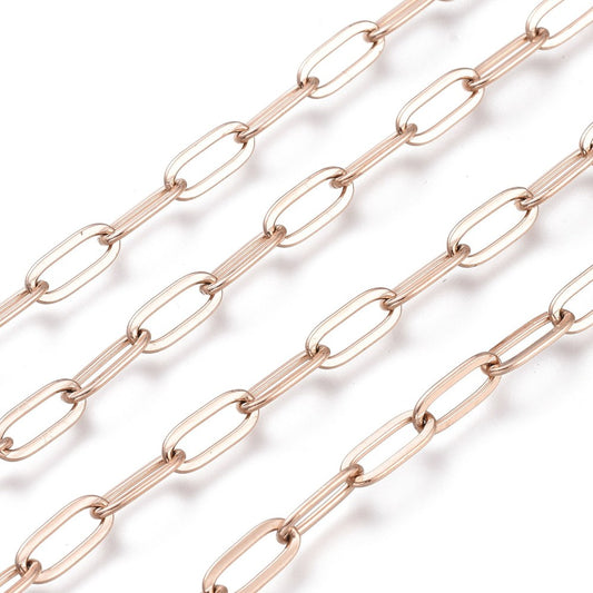 Ion Plating(IP) 304 Stainless Steel Cable Chains, Paperclip Chains, Drawn Elongated Cable Chains, Soldered, with Spool, Rose Gold SOLD BY THE METER