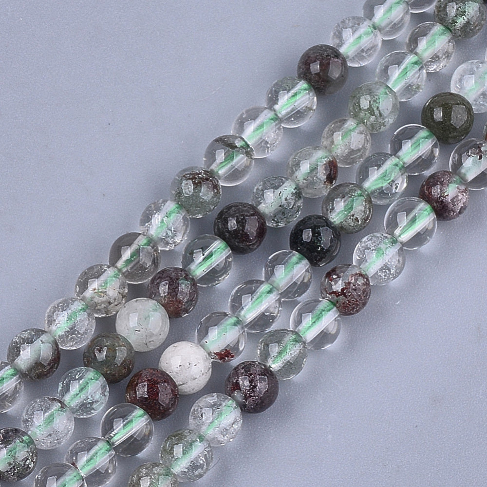 Natural Green Lodolite Quartz/Garden Quartz Beads Strands, Round, 6mm